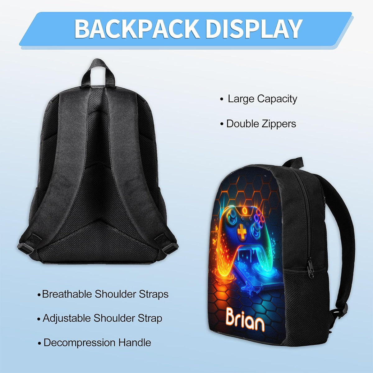 Poignée de jeu - Ensemble de trois sacs d'école grande capacité pour garçons - Sac à dos, sac à lunch et trousse personnalisés pour enfants