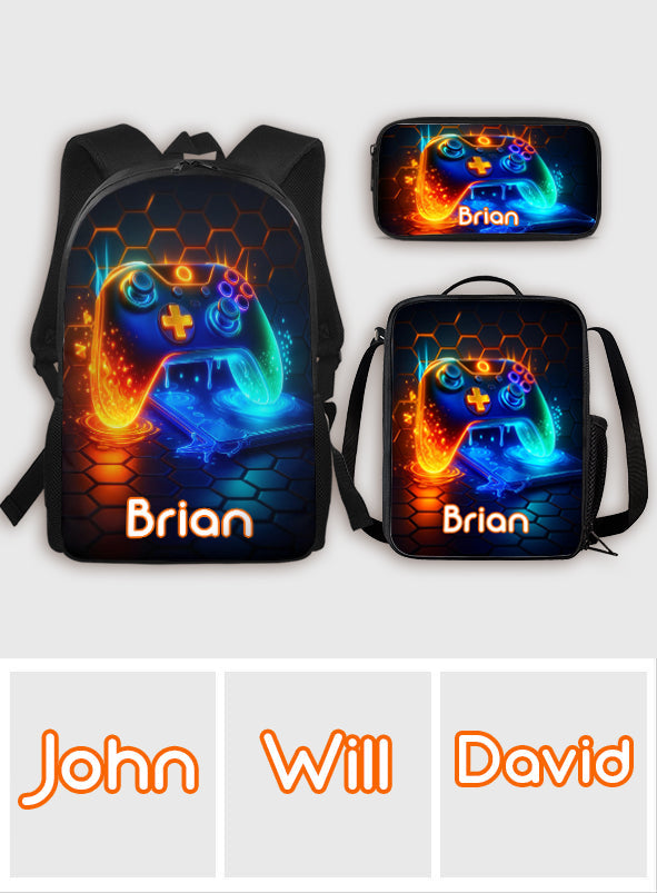 Poignée de jeu - Ensemble de trois sacs d'école grande capacité pour garçons - Sac à dos, sac à lunch et trousse personnalisés pour enfants