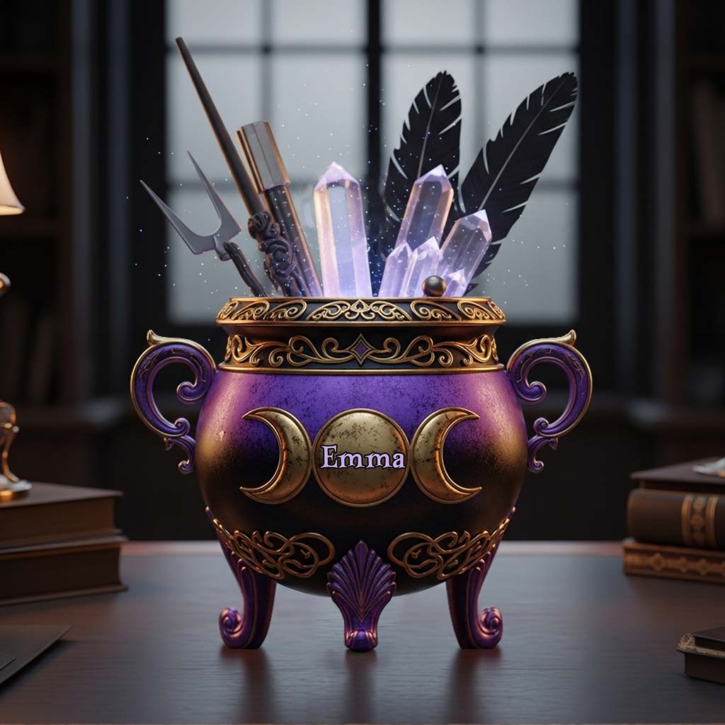 Chaudron de sorcière - Porte-stylo en bois personnalisé sur le thème de la sorcière