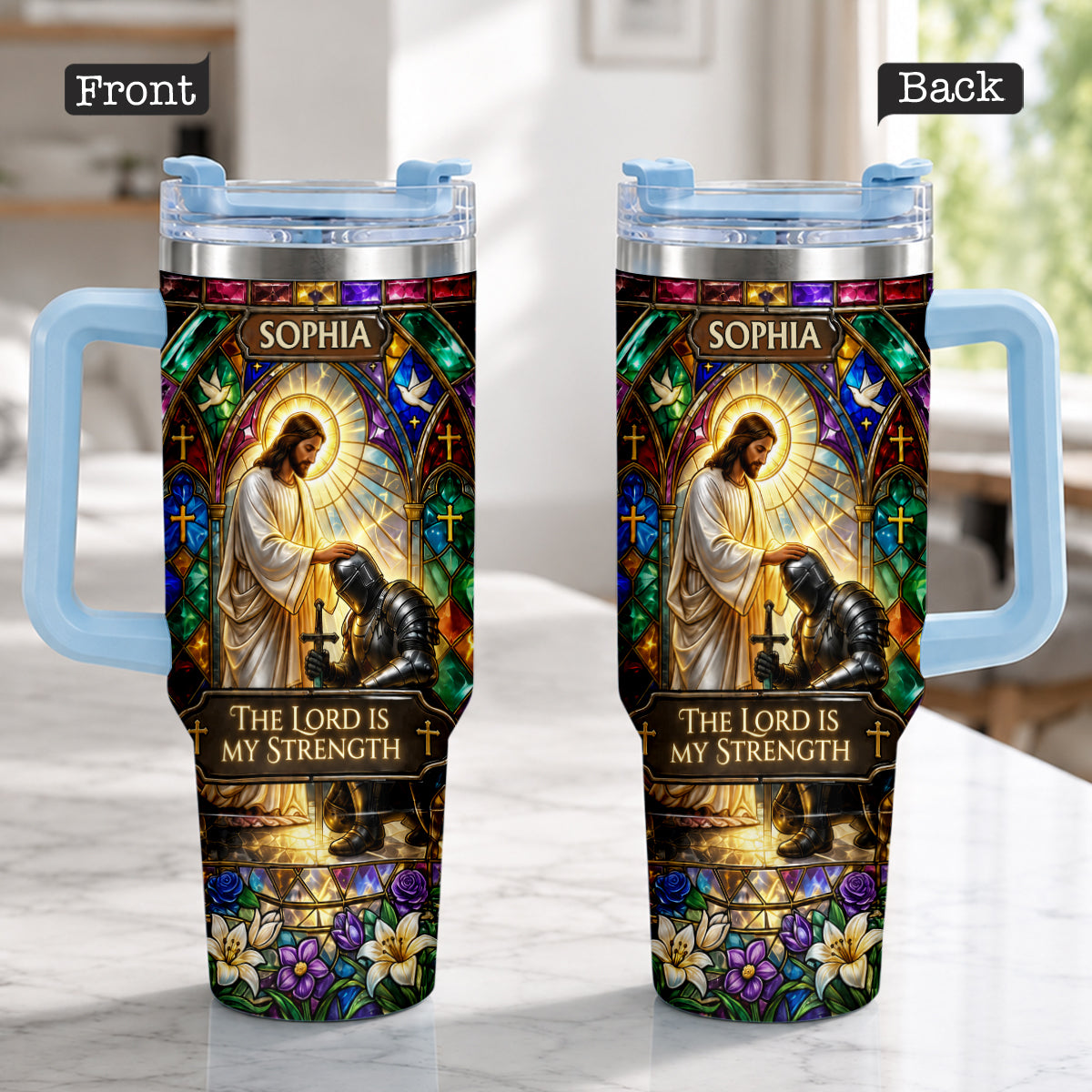 The Lord Is My Strength - Personalized Christian Tumbler With Handle