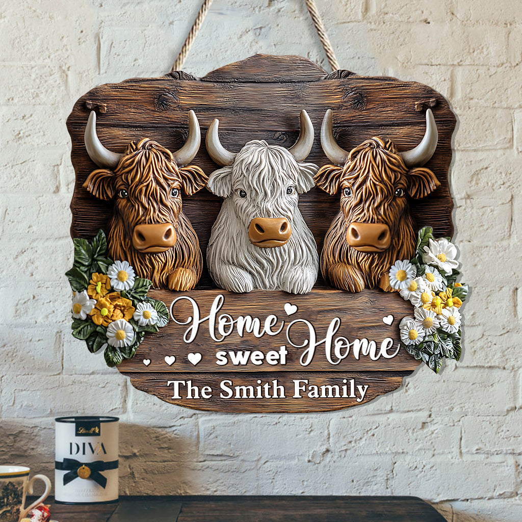Home Sweet Home - Panneau en bois personnalisé en forme de vache des Highlands
