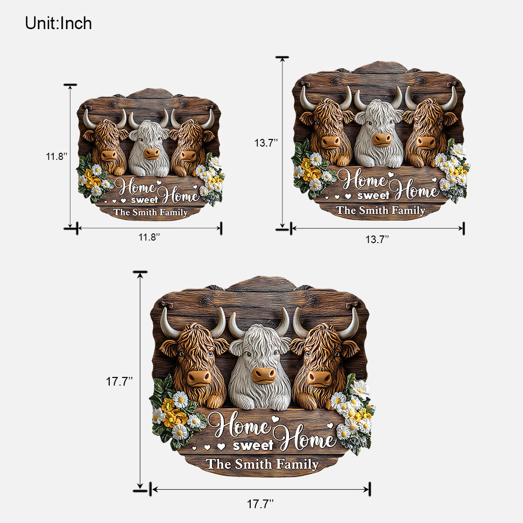 Home Sweet Home - Panneau en bois personnalisé en forme de vache des Highlands