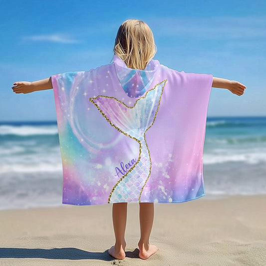 Cadeau pour petite fille, fan de sirènes - Poncho-serviette à capuche personnalisé pour enfant