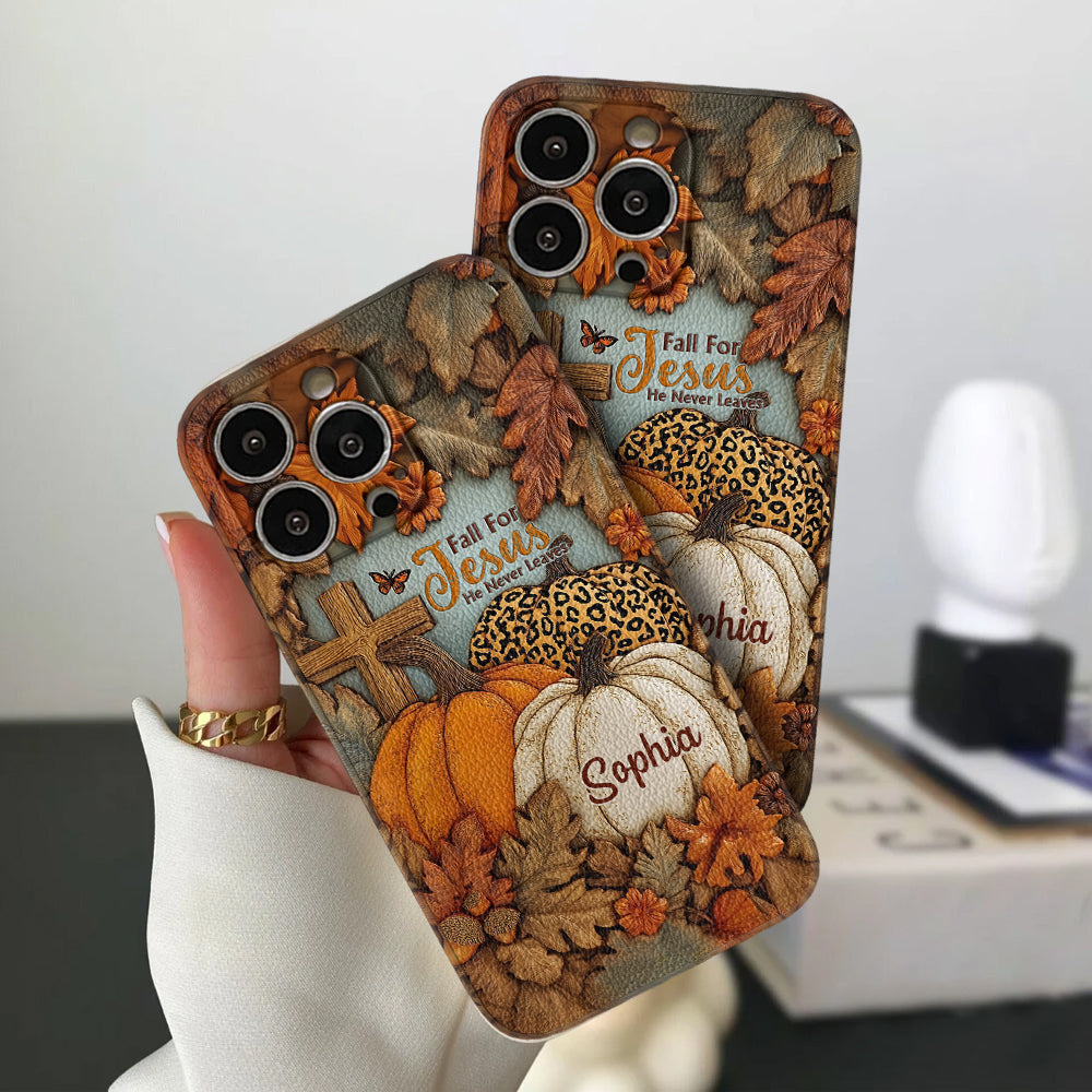 Fall for Jesus, He Never Leaves - Personalized Christian Leather Phone Case