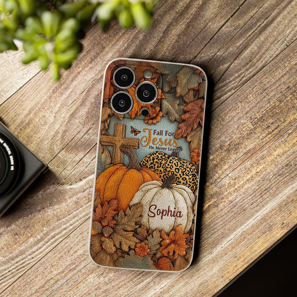 Fall for Jesus, He Never Leaves - Personalized Christian Leather Phone Case