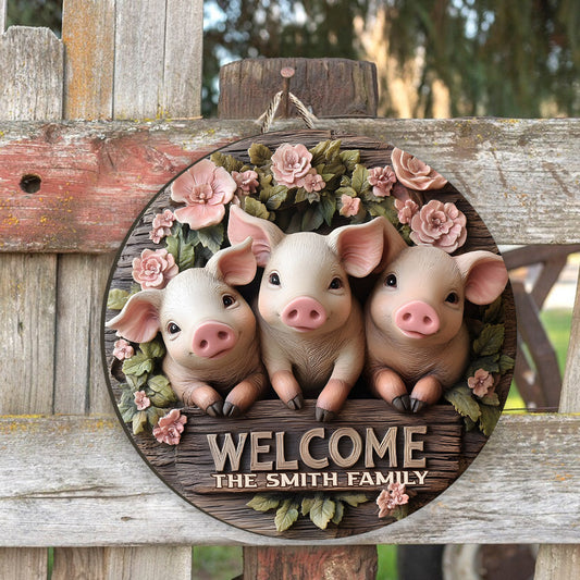 Welcome - Personalized Pig Lover Round Wood Sign