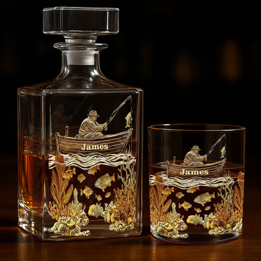 Coffret bouteille et verre à whisky personnalisé sur le thème de la pêche - Carafe à whisky personnalisée sur le thème de la pêche
