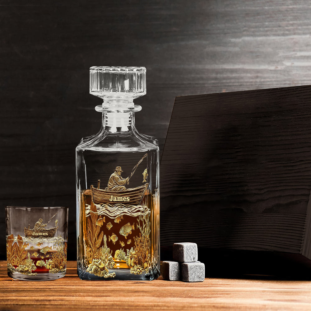Coffret bouteille et verre à whisky personnalisé sur le thème de la pêche - Carafe à whisky personnalisée sur le thème de la pêche
