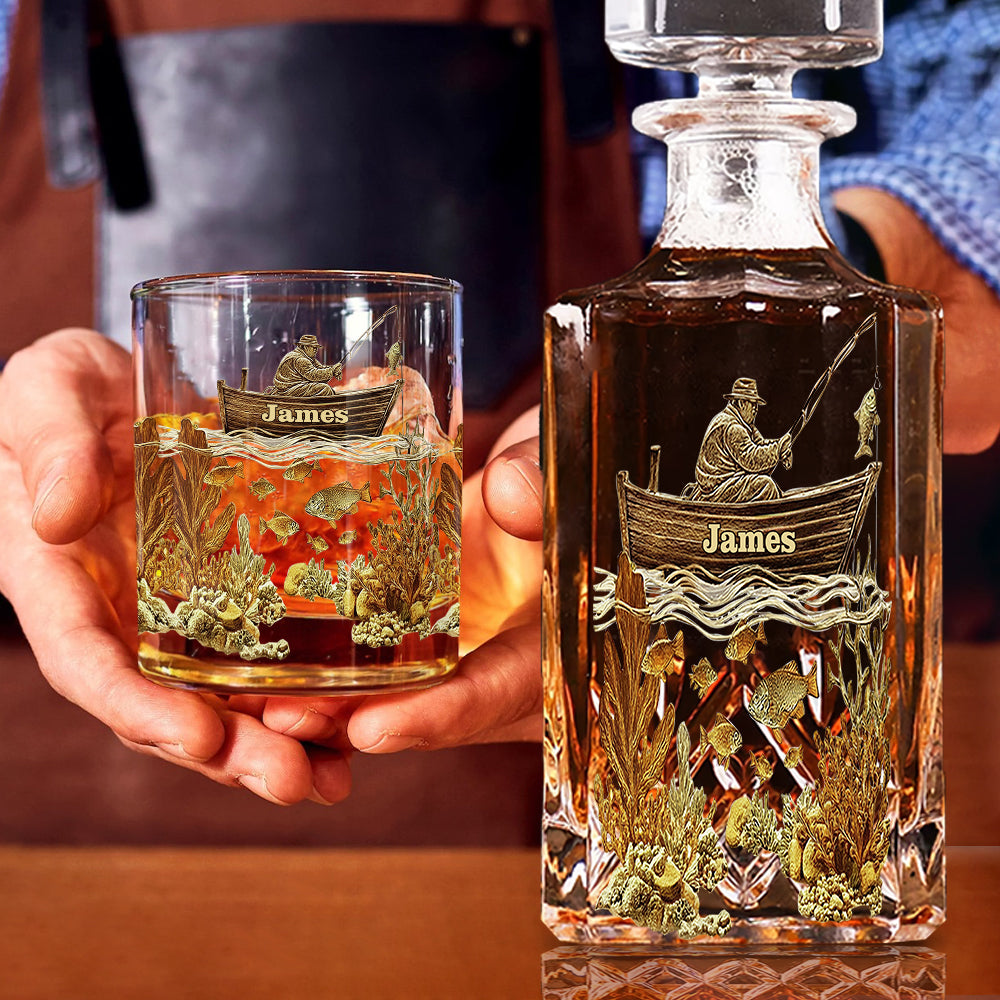Coffret bouteille et verre à whisky personnalisé sur le thème de la pêche - Carafe à whisky personnalisée sur le thème de la pêche