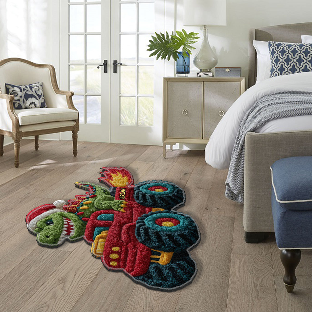 Noël des dinosaures - Tapis de Noël personnalisé pour enfant, antidérapant et tufté