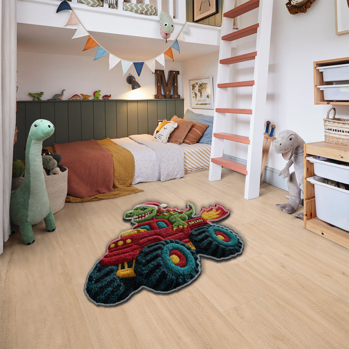 Noël des dinosaures - Tapis de Noël personnalisé pour enfant, antidérapant et tufté