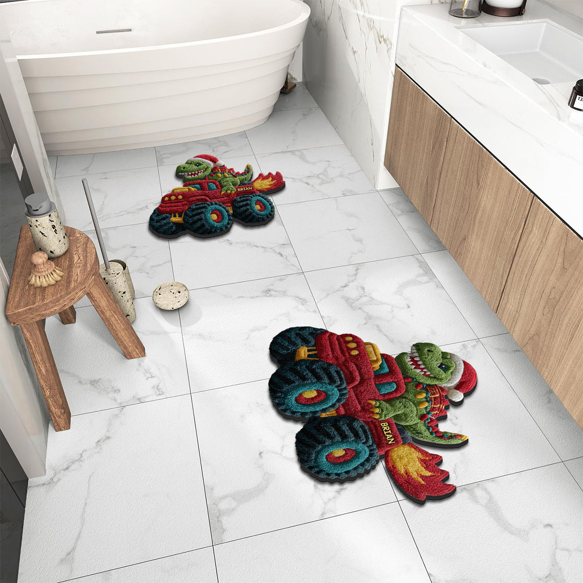 Noël des dinosaures - Tapis de Noël personnalisé pour enfant, antidérapant et tufté