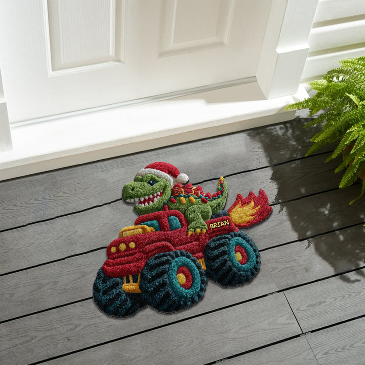 Noël des dinosaures - Tapis de Noël personnalisé pour enfant, antidérapant et tufté