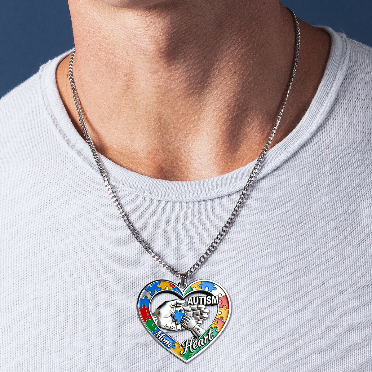 Autism Mom Heart - Personalized Autism Awareness Shaped Metal Pendant Necklace