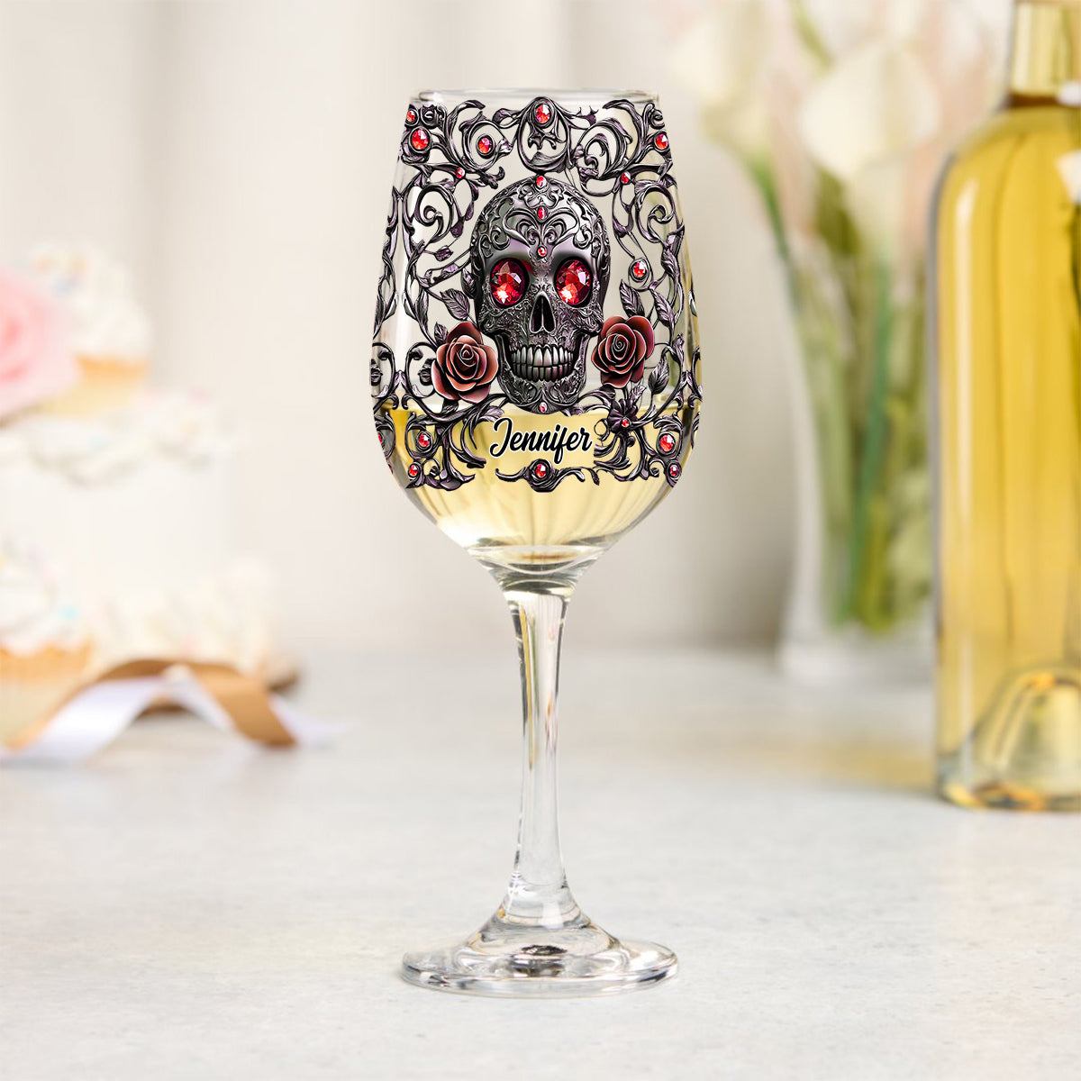 Crâne, vin et roses - Verre à vin personnalisé à longue tige