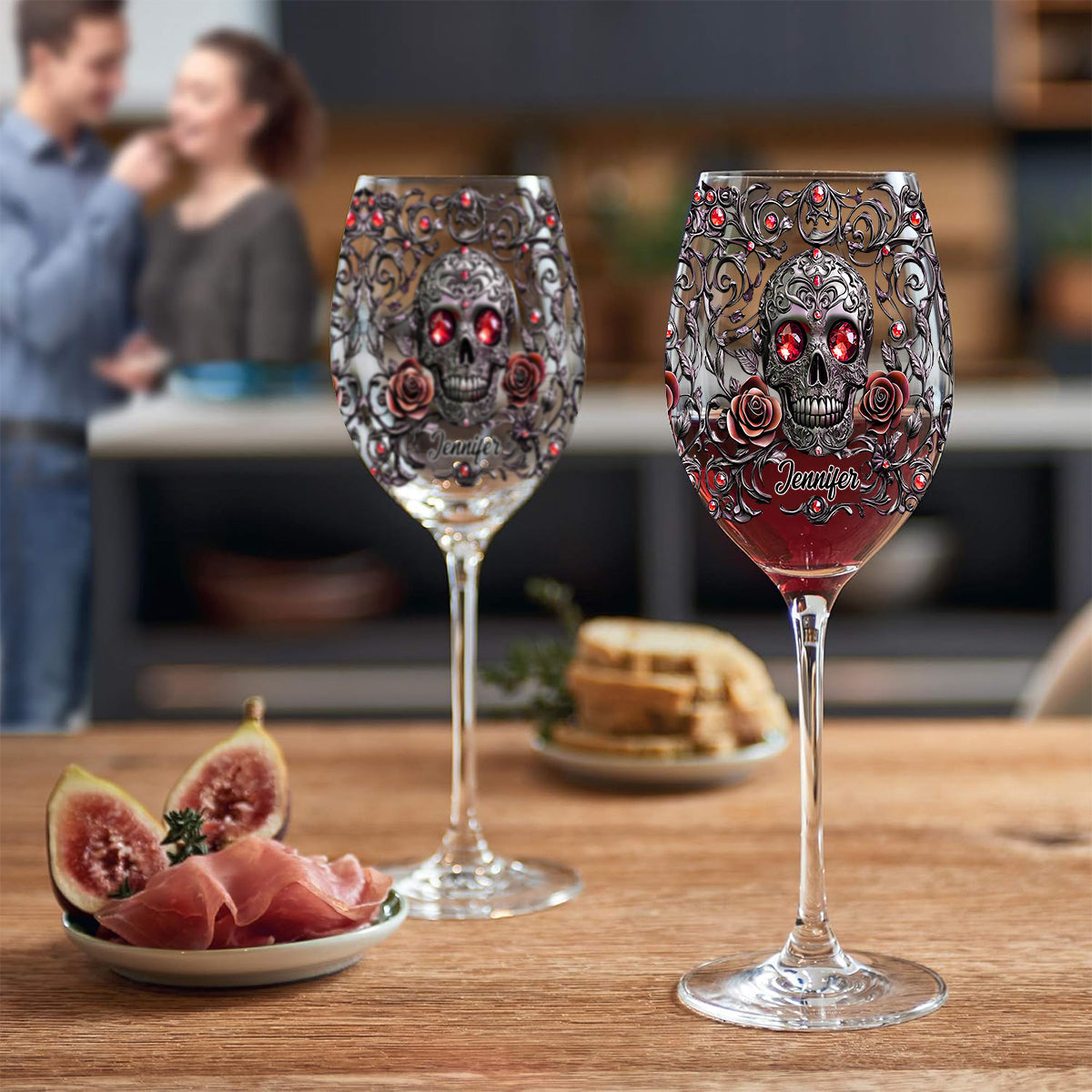 Crâne, vin et roses - Verre à vin personnalisé à longue tige