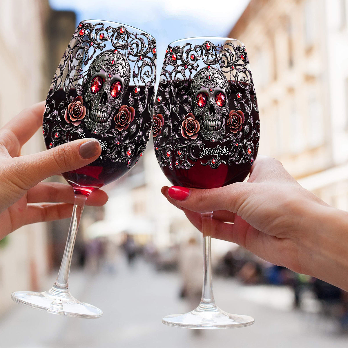 Crâne, vin et roses - Verre à vin personnalisé à longue tige
