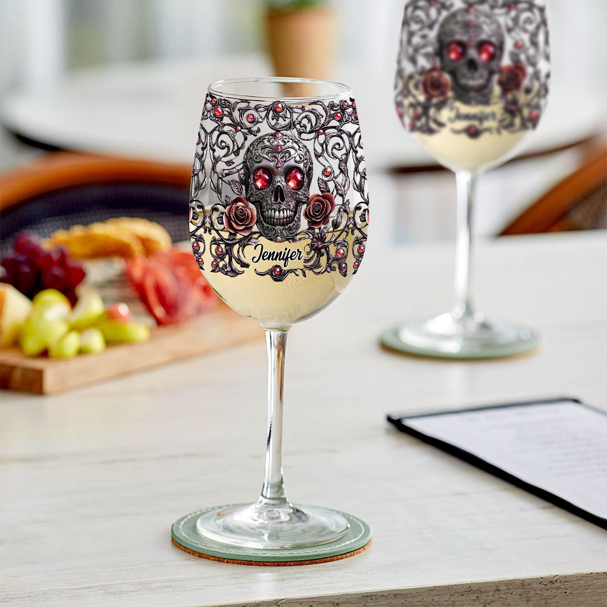 Crâne, vin et roses - Verre à vin personnalisé à longue tige