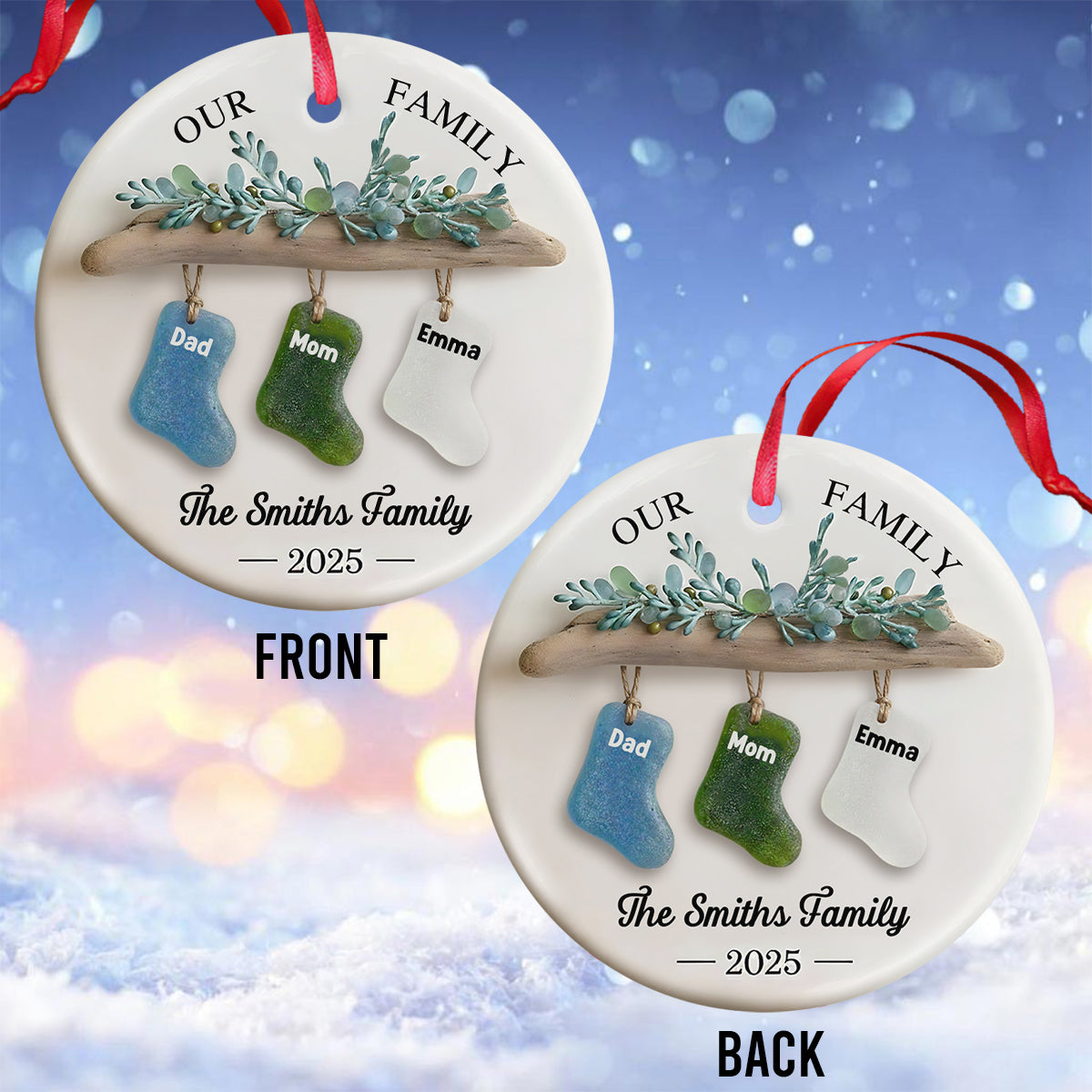 Notre famille, Joyeux Noël 2025 - Ornement rond en céramique personnalisé pour la famille