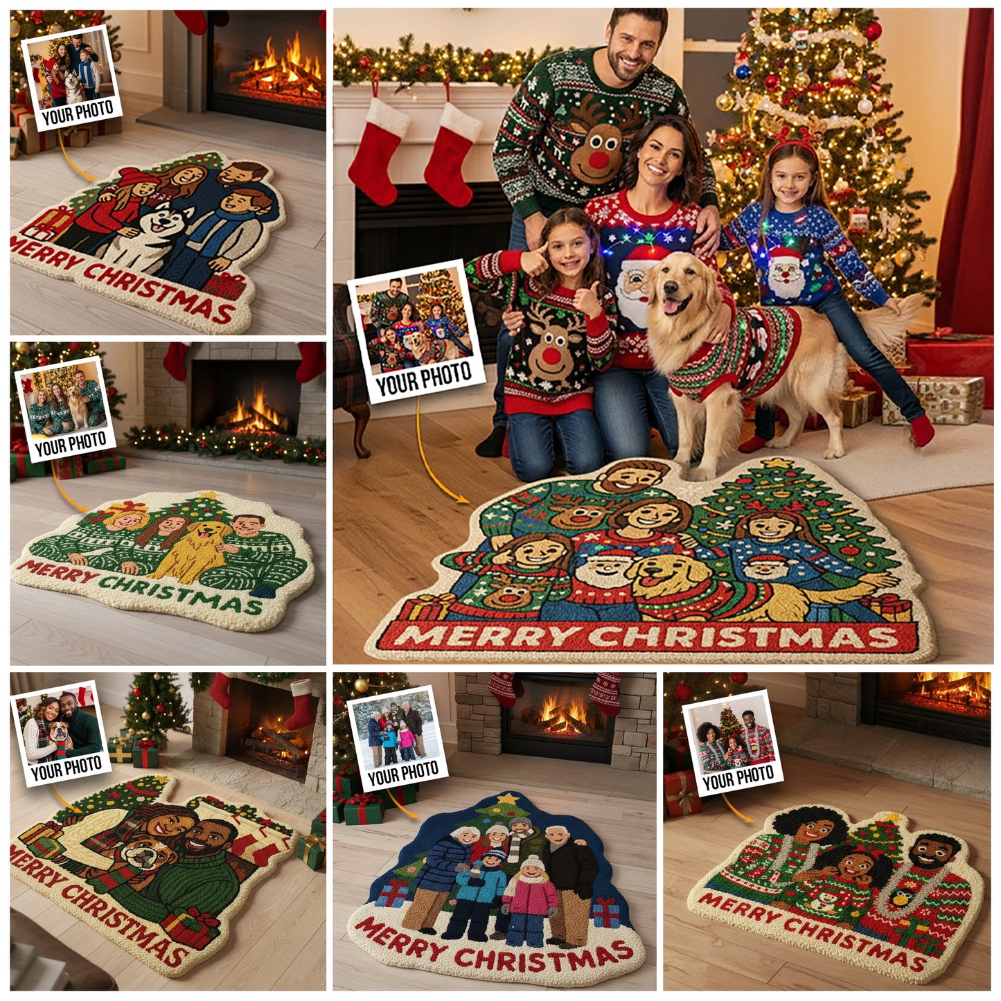 Tapis personnalisé avec photo pour Noël - Tapis tufté antidérapant et personnalisé pour toute la famille