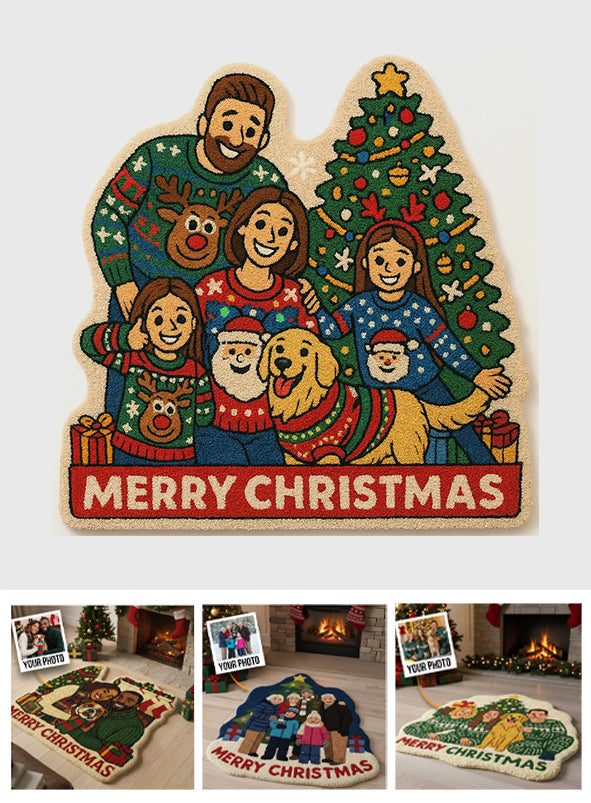 Tapis personnalisé avec photo pour Noël - Tapis tufté antidérapant et personnalisé pour toute la famille