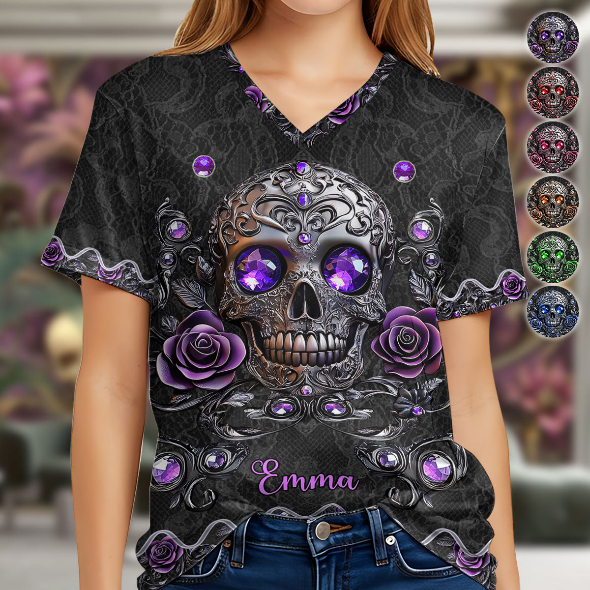 Magnifique crâne et roses - T-shirt à col en V personnalisé avec motif crâne et roses imprimés intégralement
