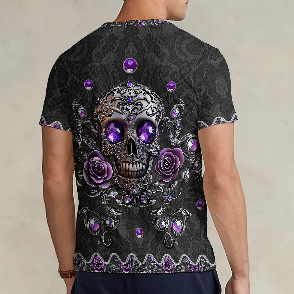 Magnifique crâne et roses - T-shirt à col en V personnalisé avec motif crâne et roses imprimés intégralement