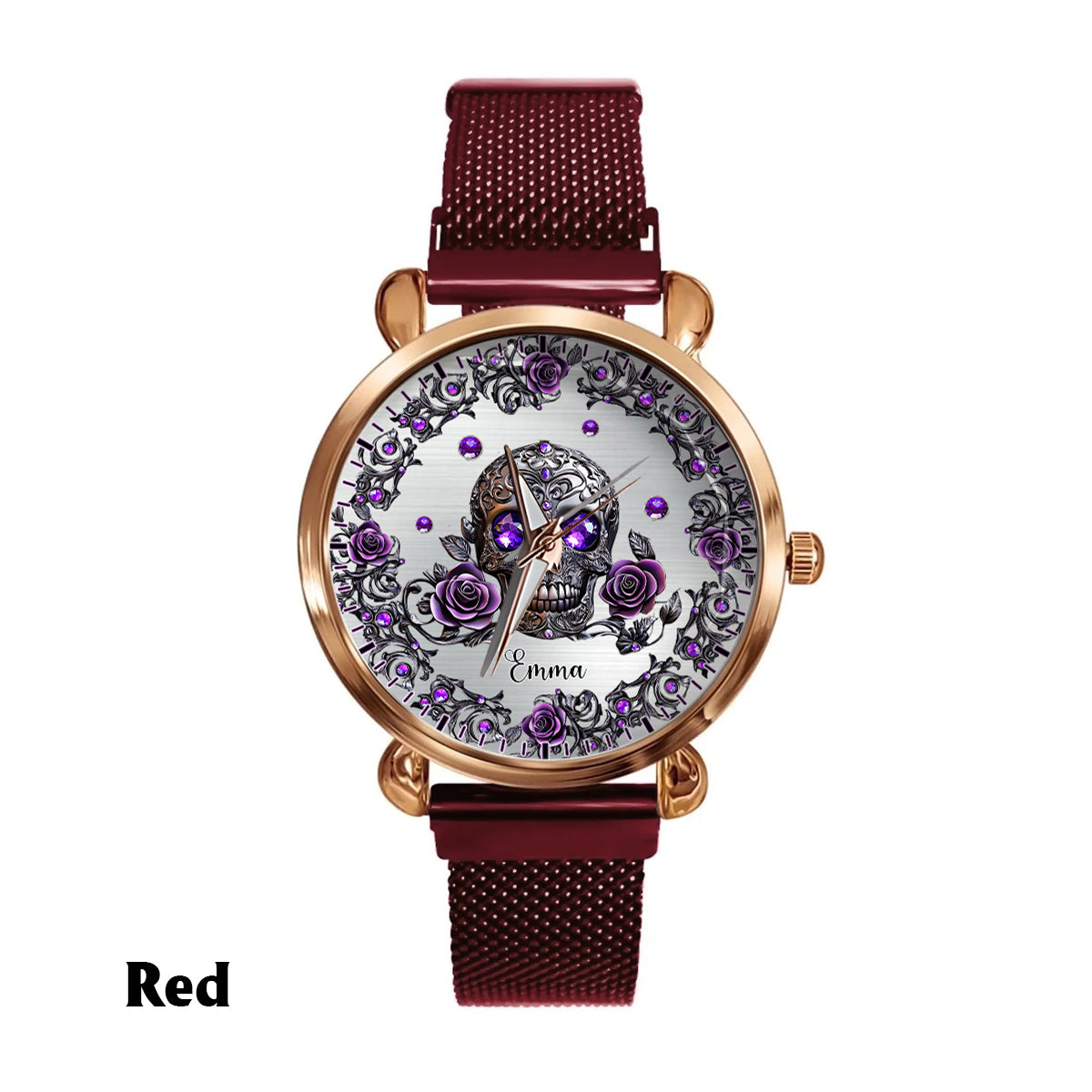 Montre-bracelet personnalisée pour femme avec crâne et roses - Magnifique crâne et roses