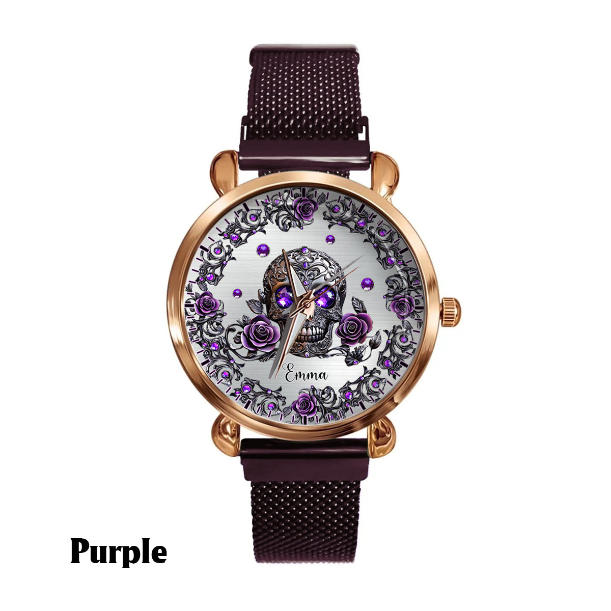 Montre-bracelet personnalisée pour femme avec crâne et roses - Magnifique crâne et roses