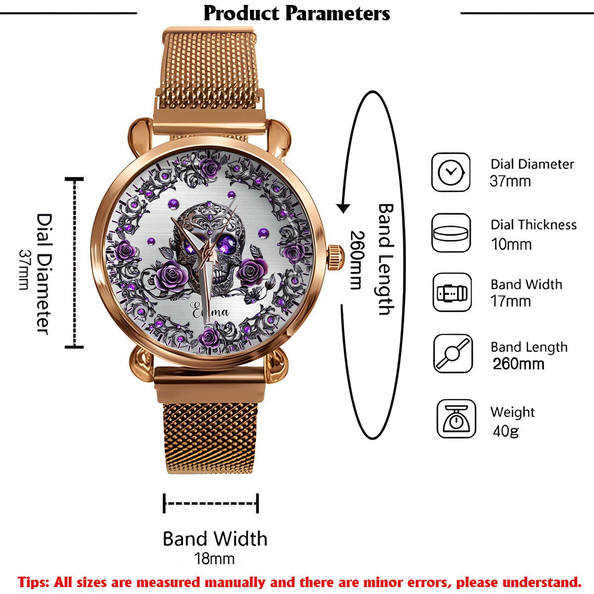 Montre-bracelet personnalisée pour femme avec crâne et roses - Magnifique crâne et roses