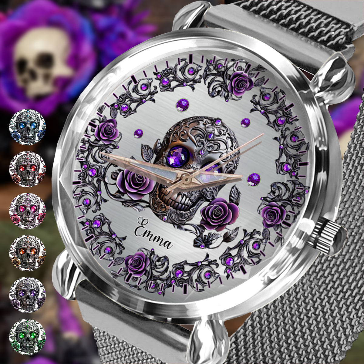Montre-bracelet personnalisée pour femme avec crâne et roses - Magnifique crâne et roses
