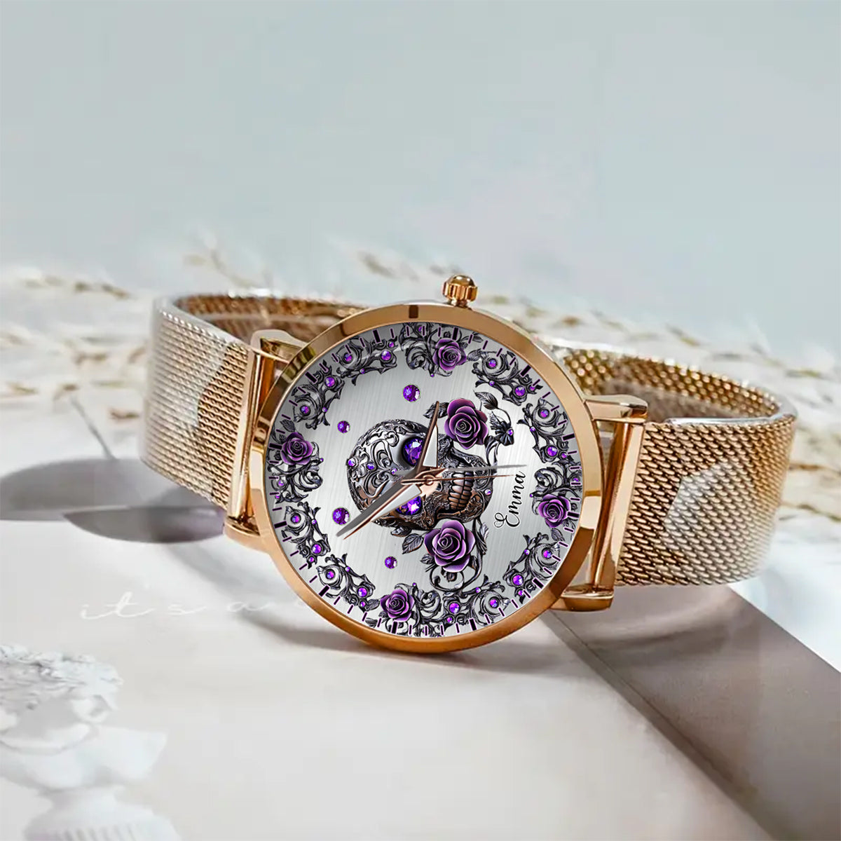 Montre-bracelet personnalisée pour femme avec crâne et roses - Magnifique crâne et roses