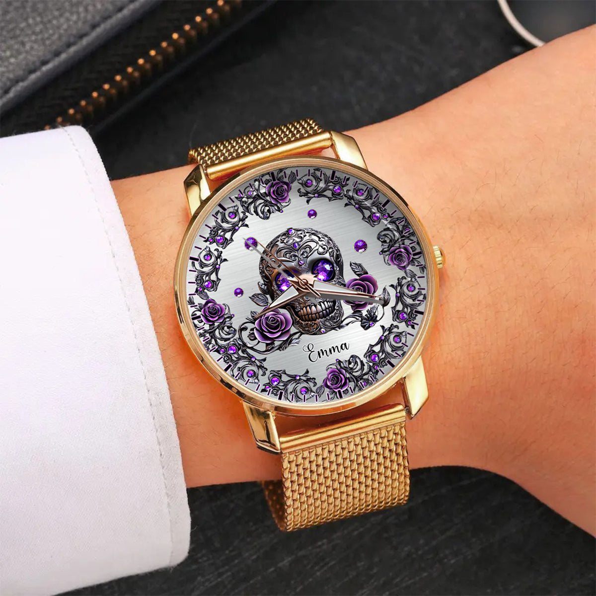 Montre-bracelet personnalisée pour femme avec crâne et roses - Magnifique crâne et roses
