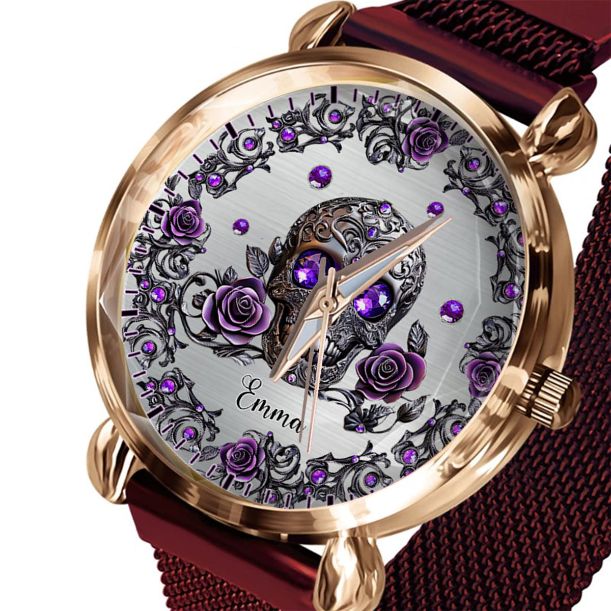 Montre-bracelet personnalisée pour femme avec crâne et roses - Magnifique crâne et roses