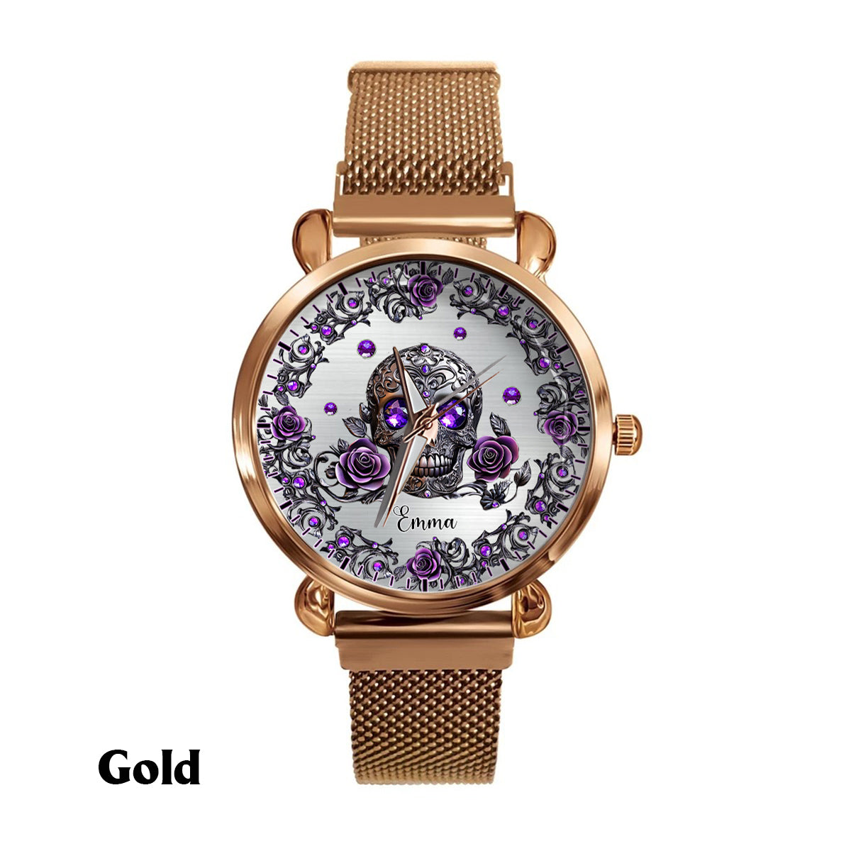 Montre-bracelet personnalisée pour femme avec crâne et roses - Magnifique crâne et roses