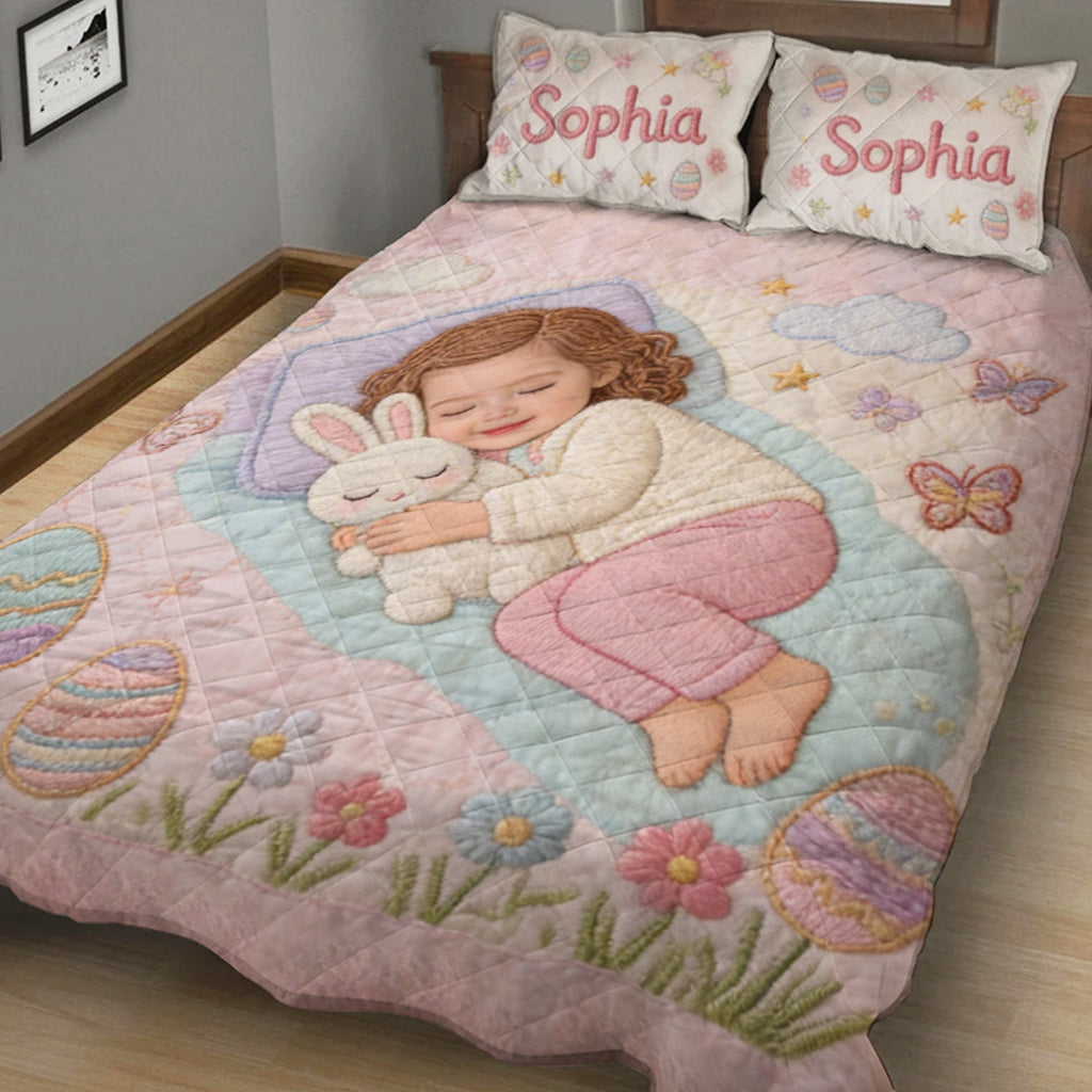 Kid With Easter Bunny - Personalized Kid Quilt Set
