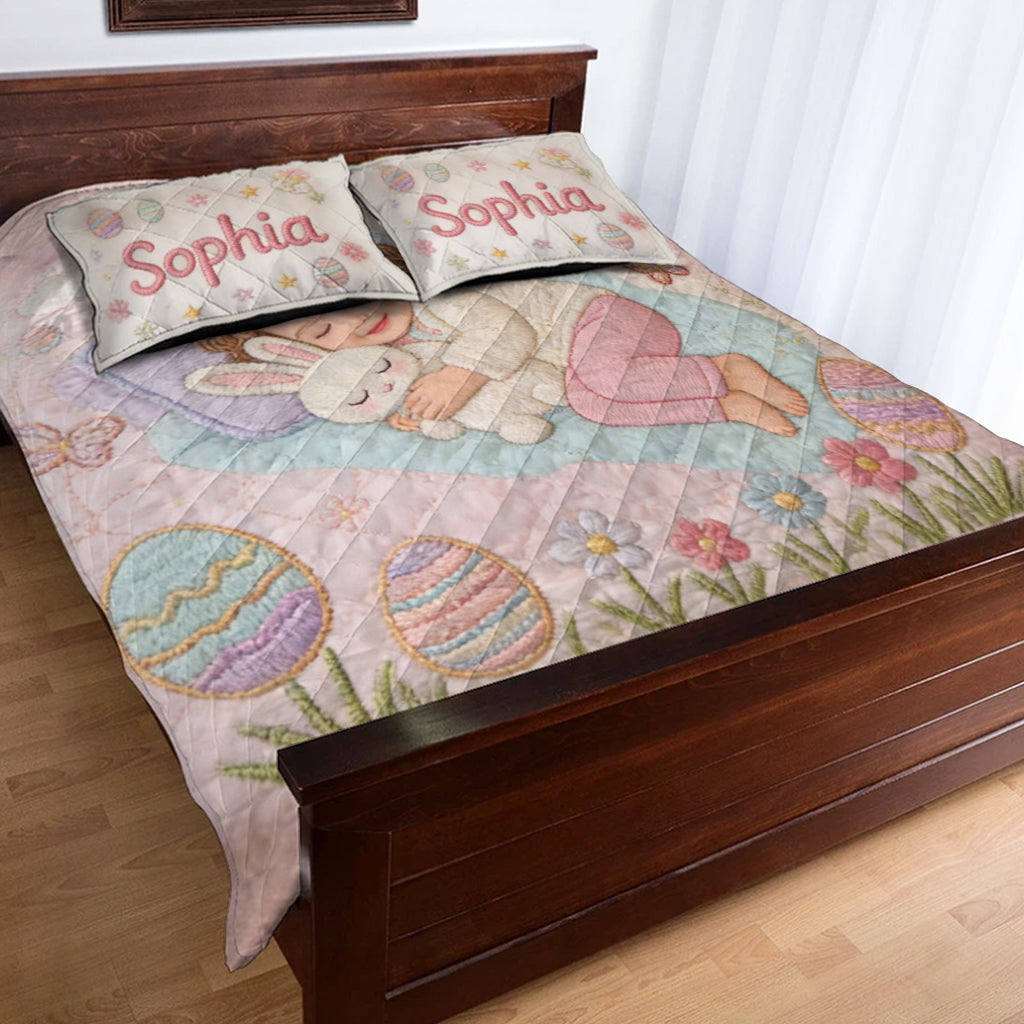 Kid With Easter Bunny - Personalized Kid Quilt Set
