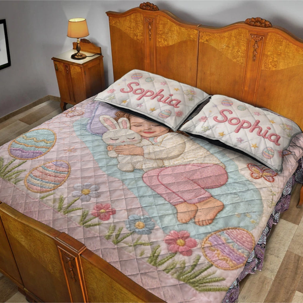 Kid With Easter Bunny - Personalized Kid Quilt Set