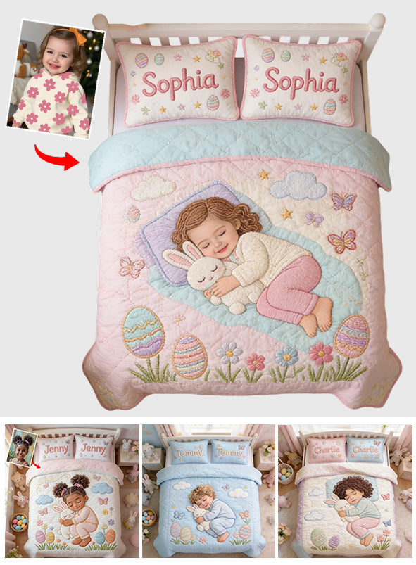 Kid With Easter Bunny - Personalized Kid Quilt Set