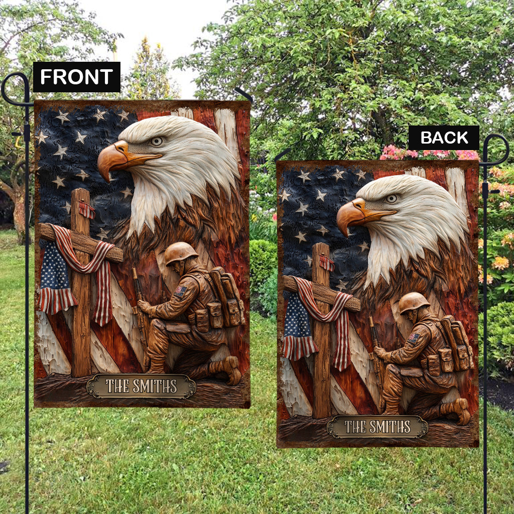Patriotic Eagle Kneeling Soldier Christ Cross - Personalized Veteran Garden Flag