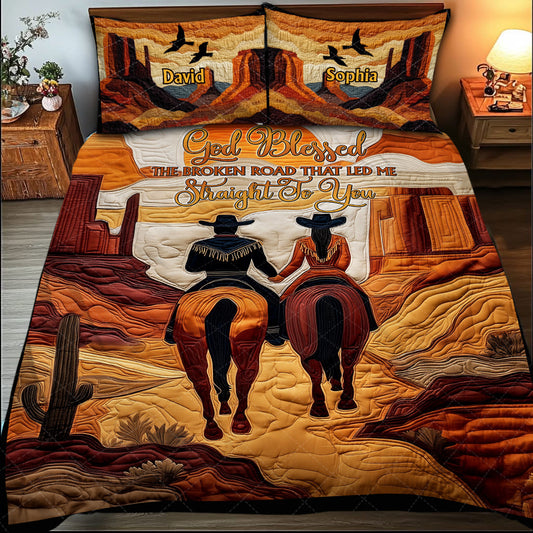 God Blessed The Broken Road - Personalized Cowgirl Quilt Set