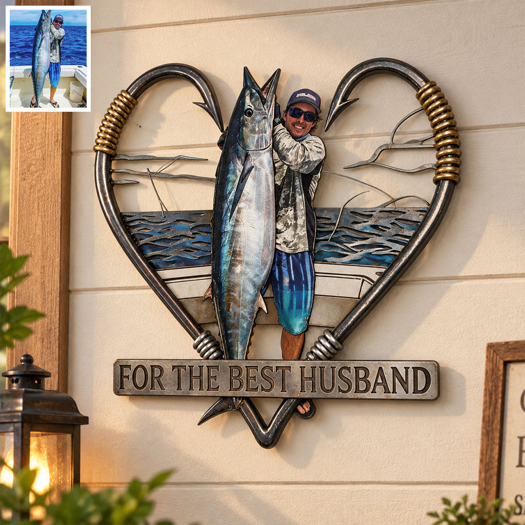 Fishing Hook Heart Frame Wall Art - Personalized Fishing 3D Printed Cut Metal Sign