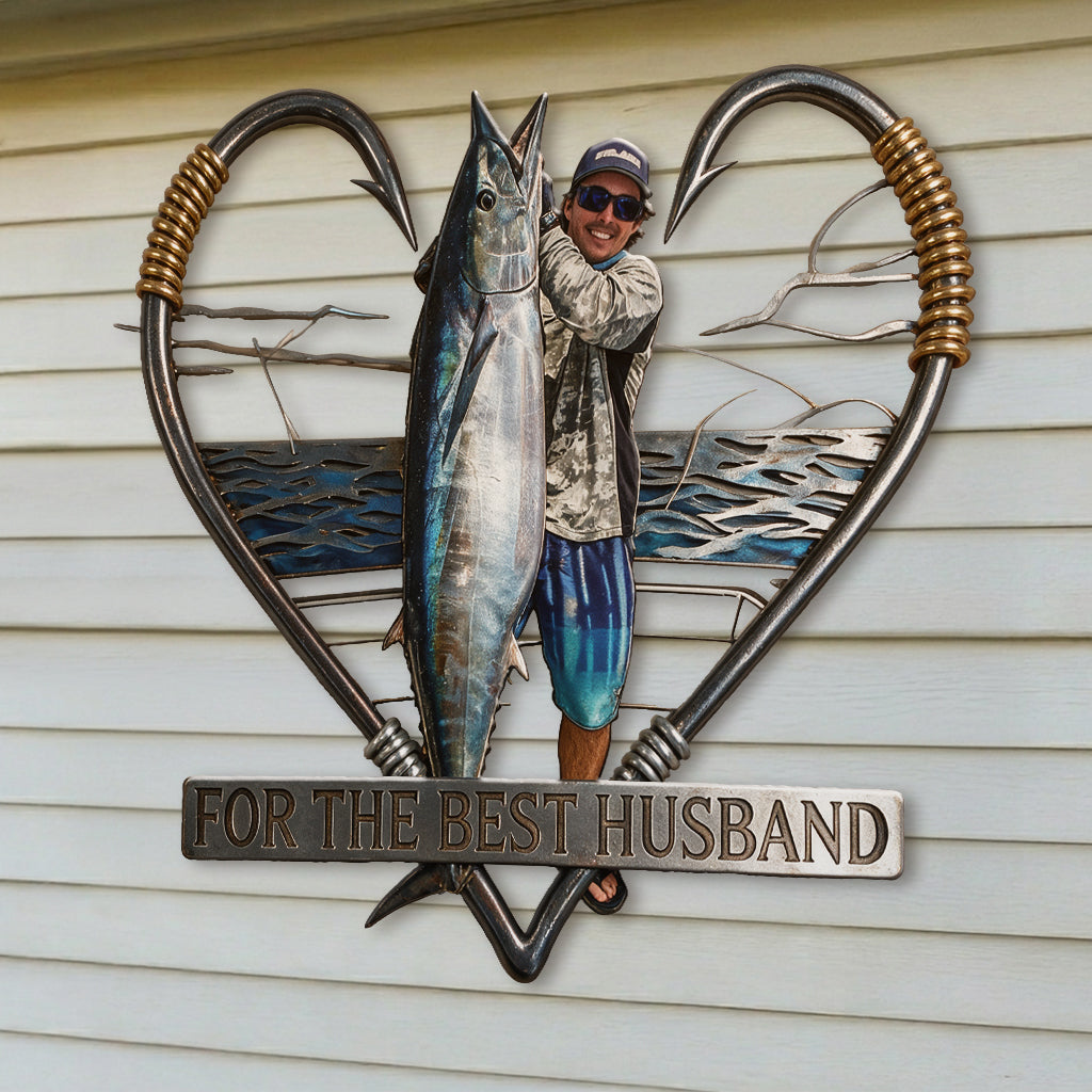 Fishing Hook Heart Frame Wall Art - Personalized Fishing 3D Printed Cut Metal Sign
