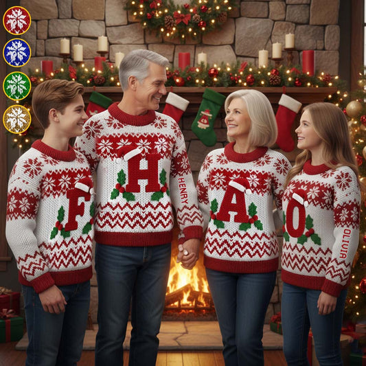 Lettre initiale Joyeux Noël - Pull moche personnalisé pour toute la famille