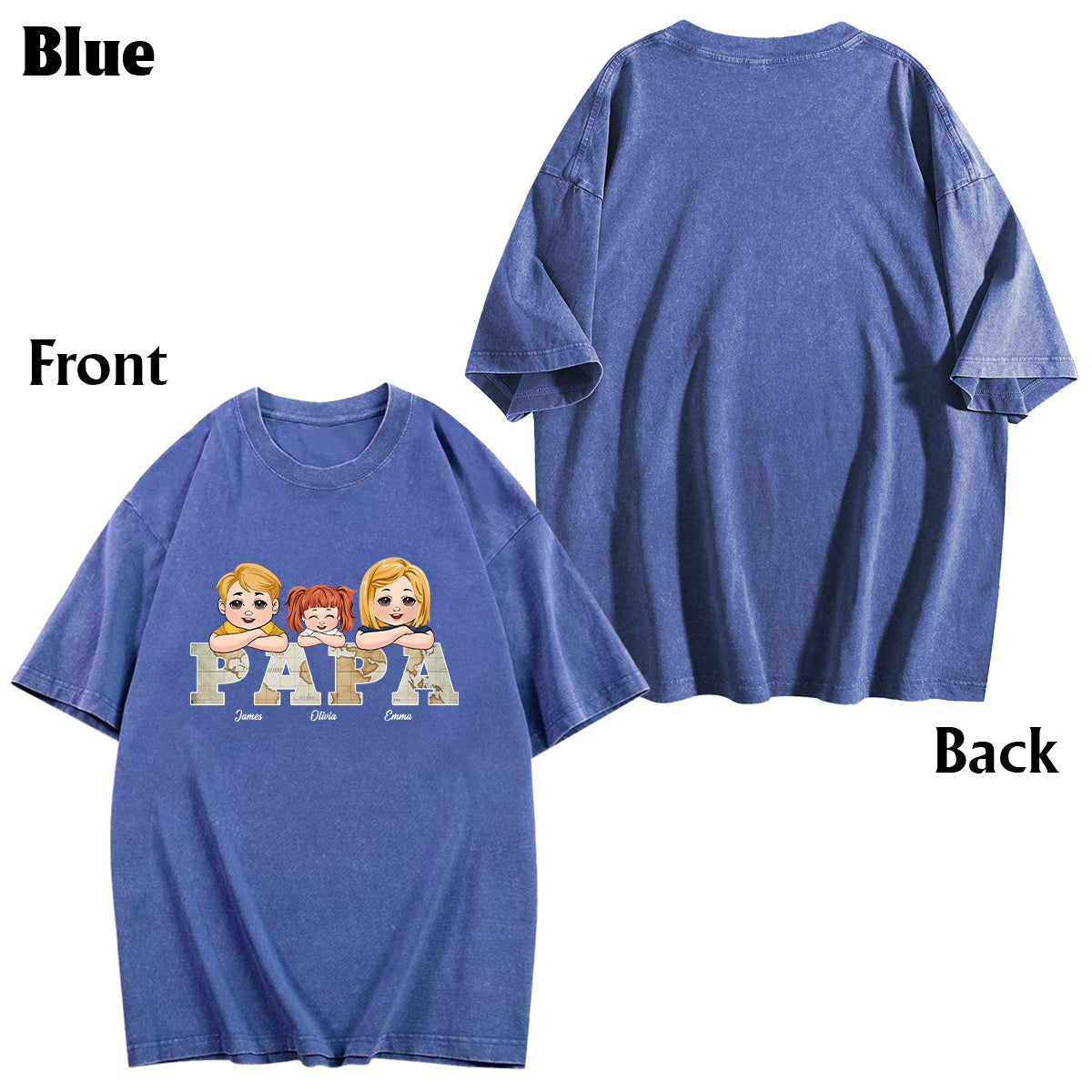 T-shirt personnalisé « Papa » avec carte vintage et inscription « Papa »