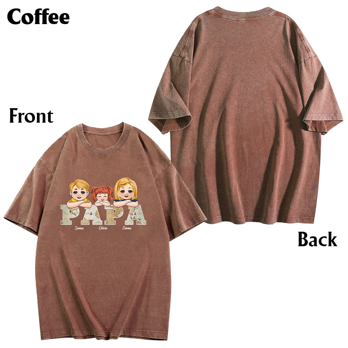 T-shirt personnalisé « Papa » avec carte vintage et inscription « Papa »