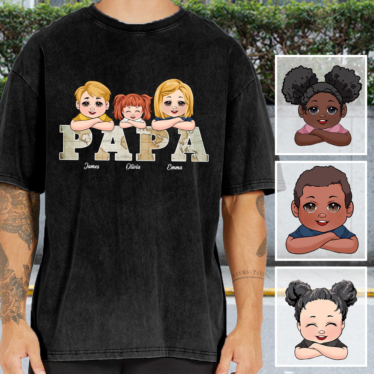 T-shirt personnalisé « Papa » avec carte vintage et inscription « Papa »