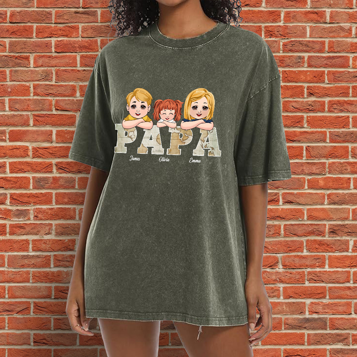 T-shirt personnalisé « Papa » avec carte vintage et inscription « Papa »