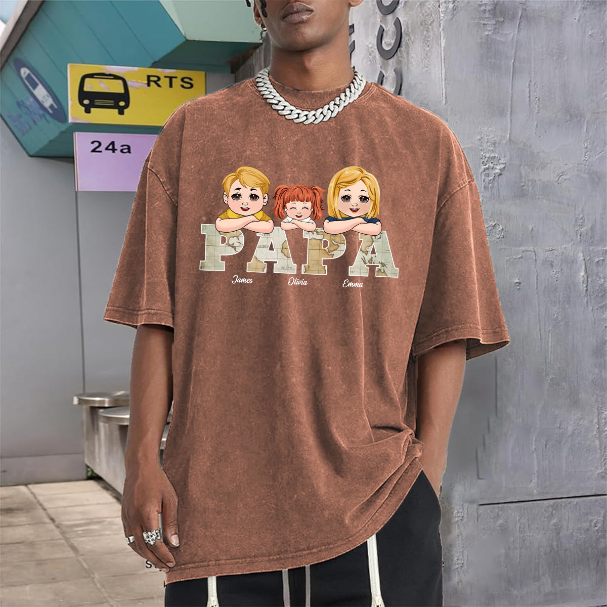 T-shirt personnalisé « Papa » avec carte vintage et inscription « Papa »