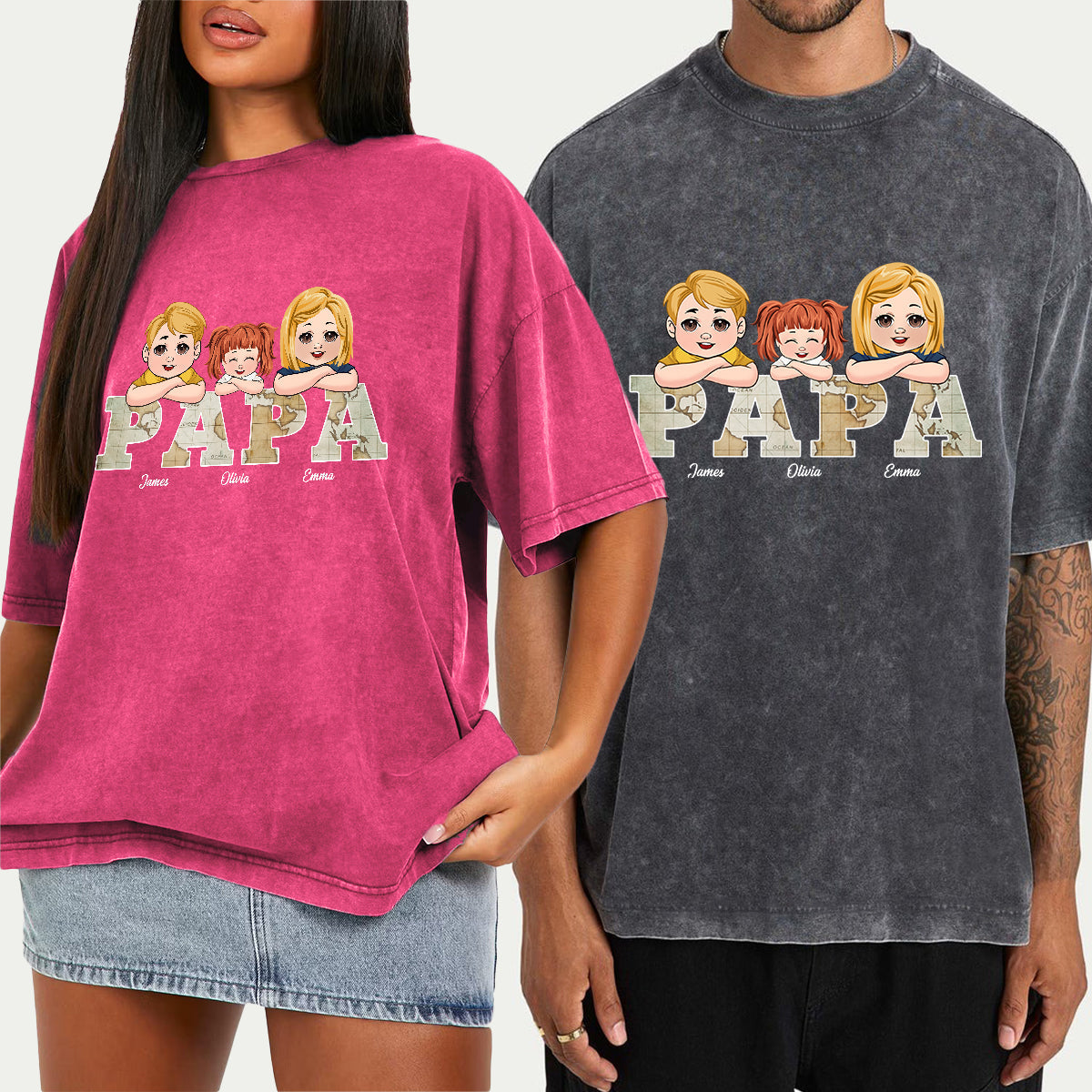 T-shirt personnalisé « Papa » avec carte vintage et inscription « Papa »